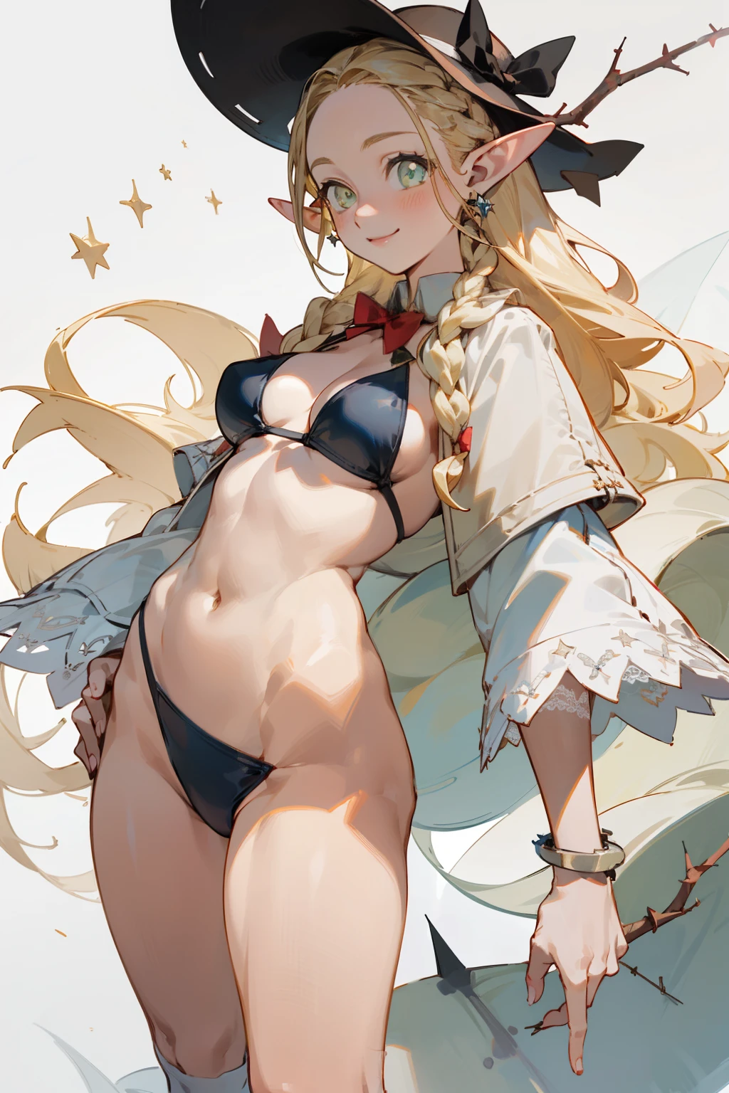 A bikini、girl in a hat，(masterpiece, best quality) detailed,silver accessories , Blonde ,elegant, Pointed ears ，Deep V one-piece swimsuit，Double tail，Waist-length hair，Smile，Star decoration，White lace socks，thorns，Rose，Vest line