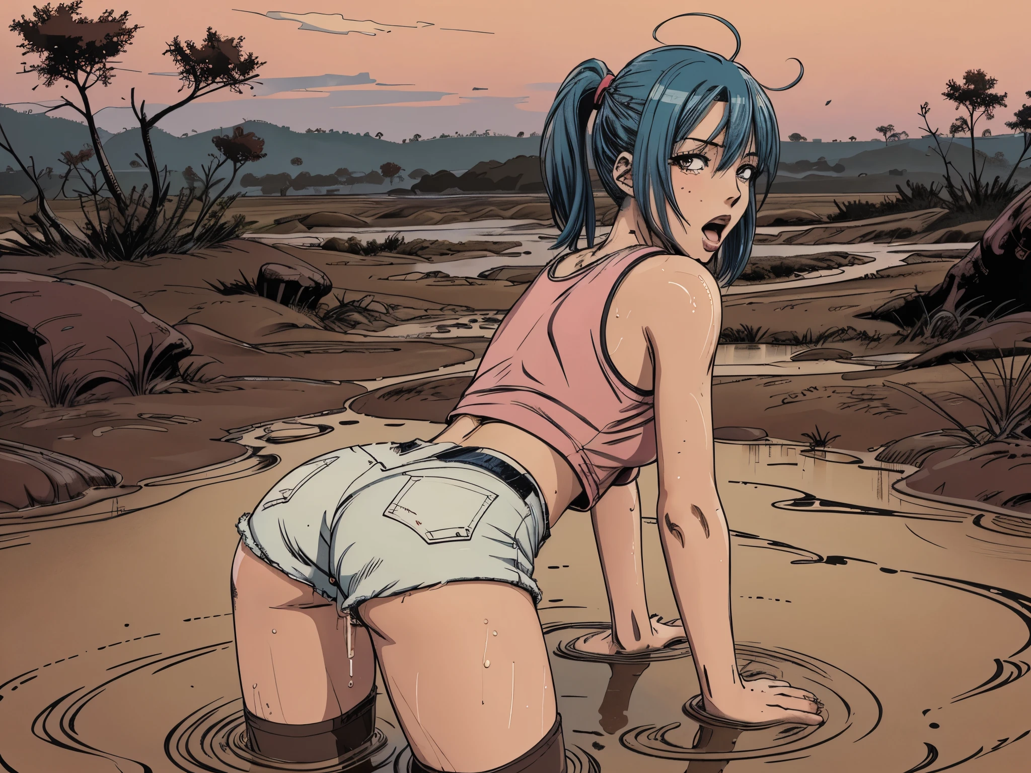 (vector image:1.2), (best quality), (highres), (masterpiece), (anime), (young girl), (gloomy orgasm:1.1),(colored hair), (blush), (sporty top), (stockings ), (denim shorts), ( drowned in quicksand bog), (red),sky, from back, provocative sexy, turns around, tease