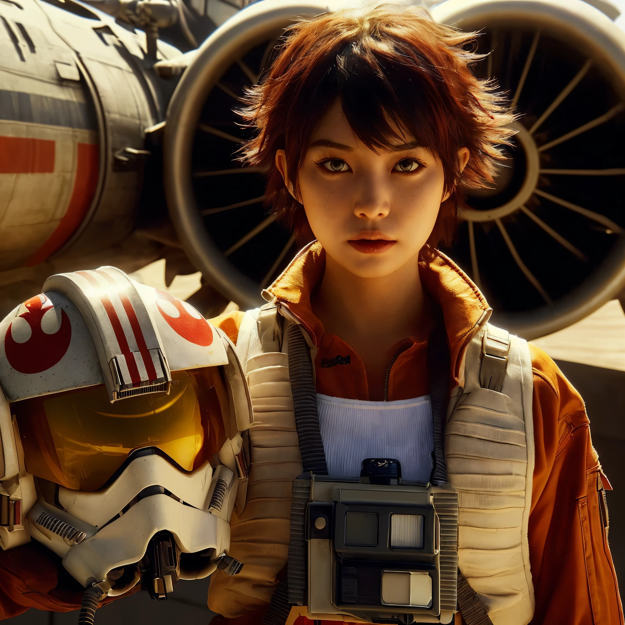 ((very sharp photo result & detailed face)) (((textile shading))), (((Best Quality))), (((masterpiece))), (((hyper realistic photo))) movie scene, cinematic feel, backlight dramatic shade photography, low angle full body a cool young japanese girl with short spiky red hair wear rustic starwars rebel pilot jumpsuit, white tanktop shown inside the opened zipper, cool posing hold an open face pilot orange visor helmet in wide dessert, in front of her X-wing jet fighter, UHD 8k

