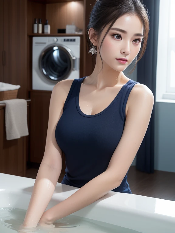 ((masterpiece))、((highest quality))、picture、Reality、high resolution、Advanced Depth of Field、Ultra-detailed、Realistic lighting、((Beauty Salon))、((Navy Tank Top))、((Bright interior))、((Washing the client&#39;s head))、((It&#39;s close so it&#39;s close、Right in front of you))、Married women、20th Generation、Delicate facial features、short hair、Realistic background and accessories、Big ample breasts、valley、Plump body、Sexy smile、Serious look、