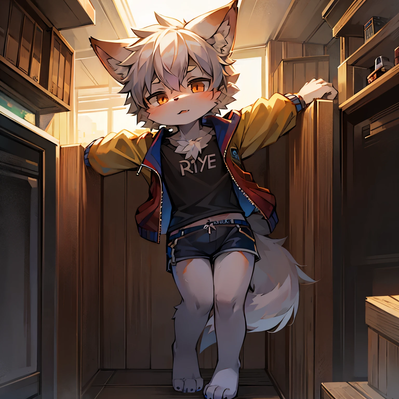 Wolf Boy,furry men,femboy,Sickly,Cute appearance,Short stature,Characteristics of three-year-old boy,Summer short sleeves with jacket,Shorts don't stand out