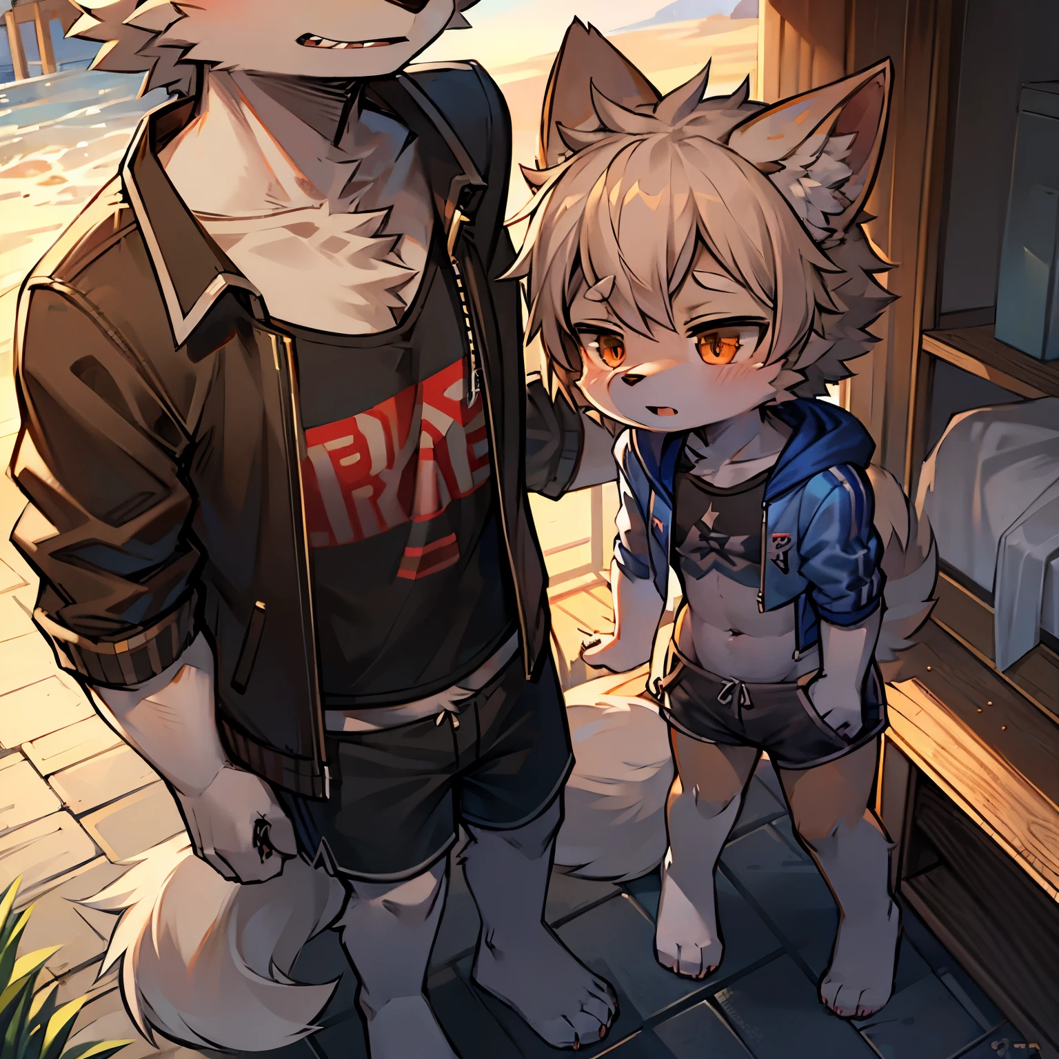 Wolf Boy,furry men,femboy,Sickly,Cute appearance,Short stature,Characteristics of three-year-old boy,Summer short sleeves with jacket,Shorts don't stand out