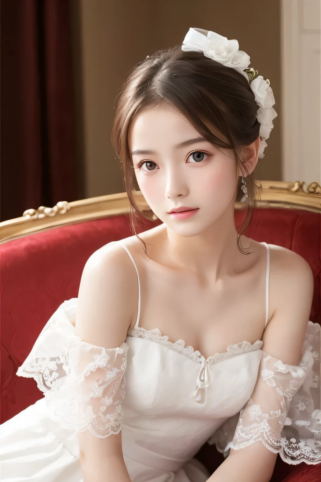((highest quality)), ((Photo quality)), (detailed), Perfect Face,White skin,,sofa,White Dress,delicate