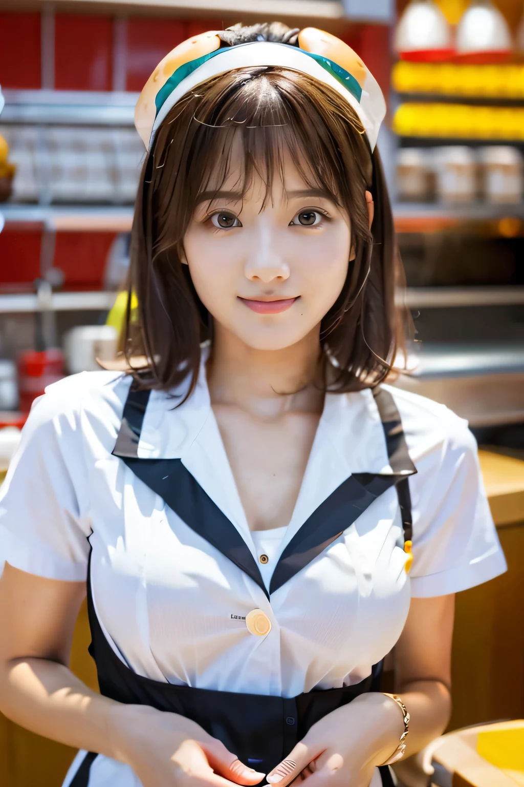 (Work in a burger shop:1.5)、(Hamburger shop uniform:1.5)、(Full-body photo:1.5)、highest quality, Photorealistic, Very detailed, finely, High resolution, 8K Wallpaper, Professional, High level of detail, ((One 18 year old girl:1.2)), Slender Japanese women,Pretty lips, (Beautiful long lashes:1.2)、Detailed clavicle, Perfect Face, (Cute short bob hair:1.5),Top Quality，Ultra-clear resolution，Clear Eyes，Sunburned skin，Perfect large breasts，have perfect legs，A kind smile