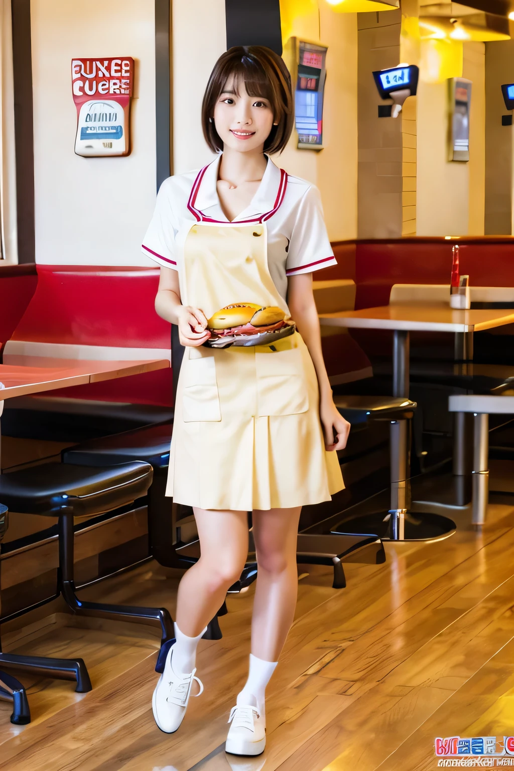 (Work in a burger shop:1.5)、(Hamburger shop uniform:1.5)、(Full-body photo:1.5)、highest quality, Photorealistic, Very detailed, finely, High resolution, 8K Wallpaper, Professional, High level of detail, ((One 18 year old girl:1.2)), Slender Japanese women,Pretty lips, (Beautiful long lashes:1.2)、Detailed clavicle, Perfect Face, (Cute short bob hair:1.5),Top Quality,Ultra-clear resolution,Clear Eyes,Sunburned skin,Perfect large breasts,have perfect legs,A kind smile