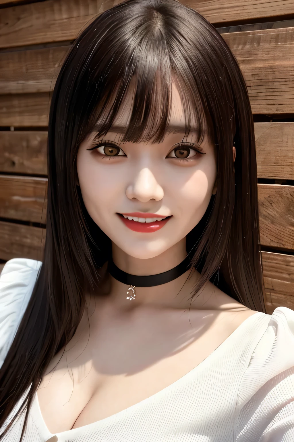 ((masterpiece, highest quality)), Edge Quality,
alone,One girl,Edge Gesugao,Sadistic face, Long Hair, bangs, Grin, Wicked Smile,Edge Gesugao facial expression , Black choker, Long eyelashes, Red Eyes, Slim body, Slim face, Brown Hair, Red Lip, Creepy Smile, Brown Hair, Wood grain walls, Wooden floor