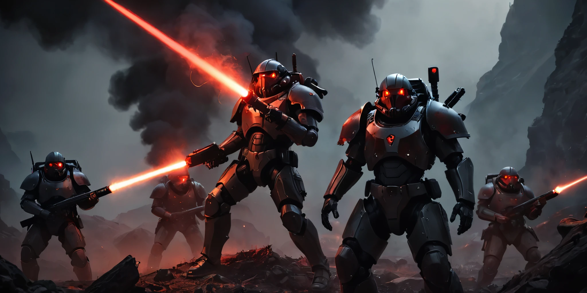 dark night scene, Treacherous base, Group of men in armor and weapons, smoke, Creepy glow. tension, Weapons prepared for an ambush that they knew were hidden within., Capture the intensity of the scene, Helldivers&#39; Iron Eyes, and the terrifying beauty of the alien base.. It combines sci-fi military action with the lively dangers of a hostile world.. memorize, Focus on tactical prowess, The lurking threat of 
 , Multiple enemy robots, The environment is breathtaking but deadly.. red laser light
 