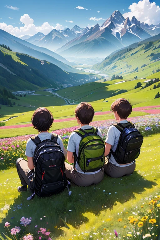 A top angle view of four men sitting on a field of flowers with back packs looking at the mountains ahead.. Highly detailed digital painting...highly detailed, 4K resolution, colorful
