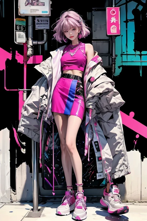 highest quality, Very detailed, masterpiece, 1 person,woman,(((完璧なwomanの体))),Very beautiful face, Very beautiful body,Gentle expression, Very beautiful eyes,(Perfect Makeup:1.1),Fashion Model,Graphic Arts,Cyberpunk Fashion,short hair,Shaggy Hair,Fluorescent pink and blue hair:1.3, Very thin body,Smart Abs, Black and purple cyberpunk short outfit, Fluorescent pink and blue mini skirt,necklace,anklet,Garter Stockings,Two-tone high-top sneakers,A kind smile,Full body portrait,(Street background:1.3), (Shiny skin),(Earrings),Geometric pattern,Gradient Graphics,Neon Signs,