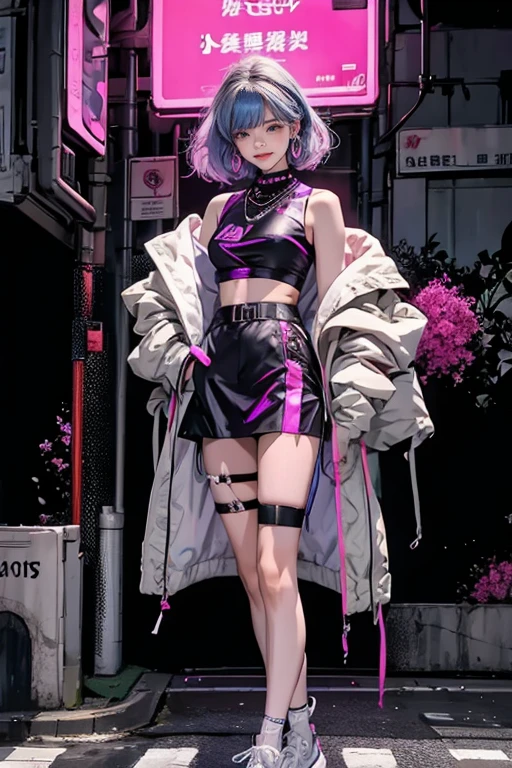 highest quality, Very detailed, masterpiece, 1 person,woman,(((完璧なwomanの体))),Very beautiful face, Very beautiful body,Gentle expression, Very beautiful eyes,(Perfect Makeup:1.1),Fashion Model,Graphic Arts,Cyberpunk Fashion,short hair,Shaggy Hair,Fluorescent pink and blue hair:1.3, Very thin body,Smart Abs, Black and purple cyberpunk short outfit, Fluorescent pink and blue mini skirt,necklace,anklet,Garter Stockings,Two-tone high-top sneakers,A kind smile,Full body portrait,(Street background:1.3), (Shiny skin),(Earrings),Geometric pattern,Gradient Graphics,Neon Signs,