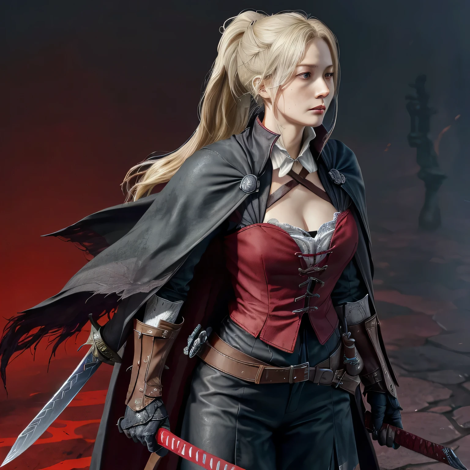 drawn in the artstyle of 1girl, medium_, lady_maria_of_the_astra, rakuyo_\(bloodborne\), red dark smoke firebackground, realistic face, realistic skin, perfect face, perfect lighting, detailed skin, detail face, white_hair, blonde hair, upper body,magical blood mist flowing from sword,red long sword ,ponytail, boots, bloodborne outfit, katana, hat_feather, cape, holding_weapon, pistol holstered on hip, gothic, grey eyes,