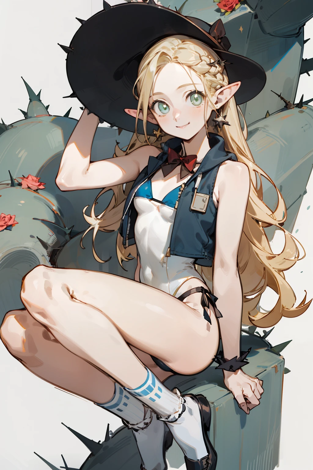 A bikini、girl in a hat，(masterpiece, best quality) detailed,silver accessories , Blonde ,elegant, Pointed ears ，Deep V one-piece swimsuit，Double tail，Waist-length hair，Smile，Star decoration，White lace socks，thorns，Rose，Vest line