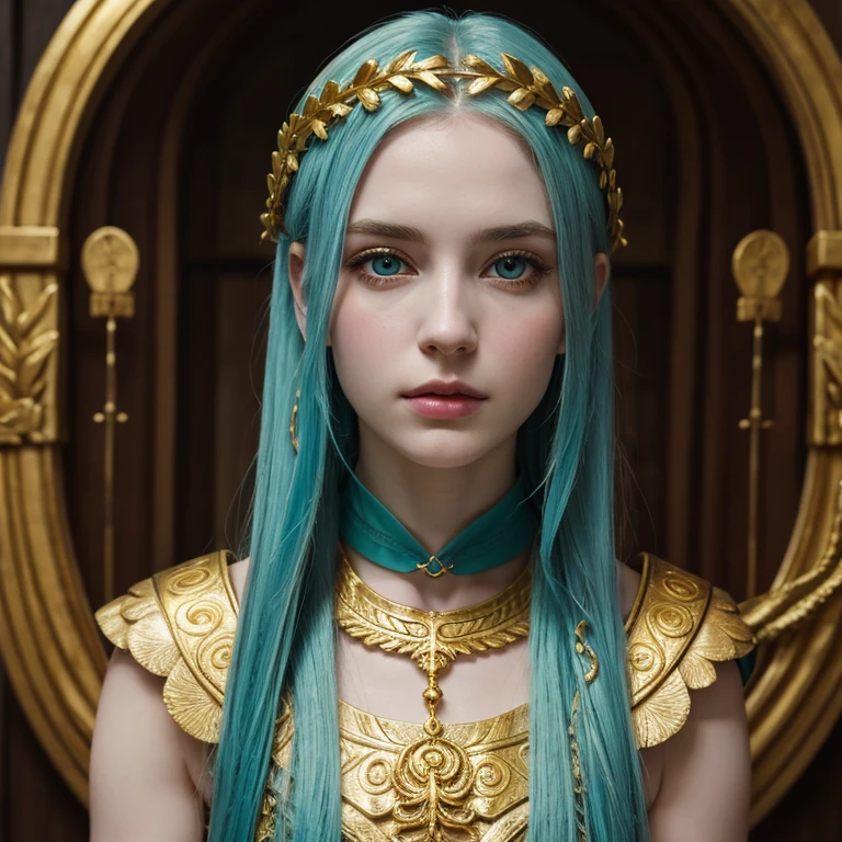 Portrait of a pale girl godess, perfect face, aqua tentacle hair, aqua eyes, golden laurel wreath, gold chocker, roman clothes