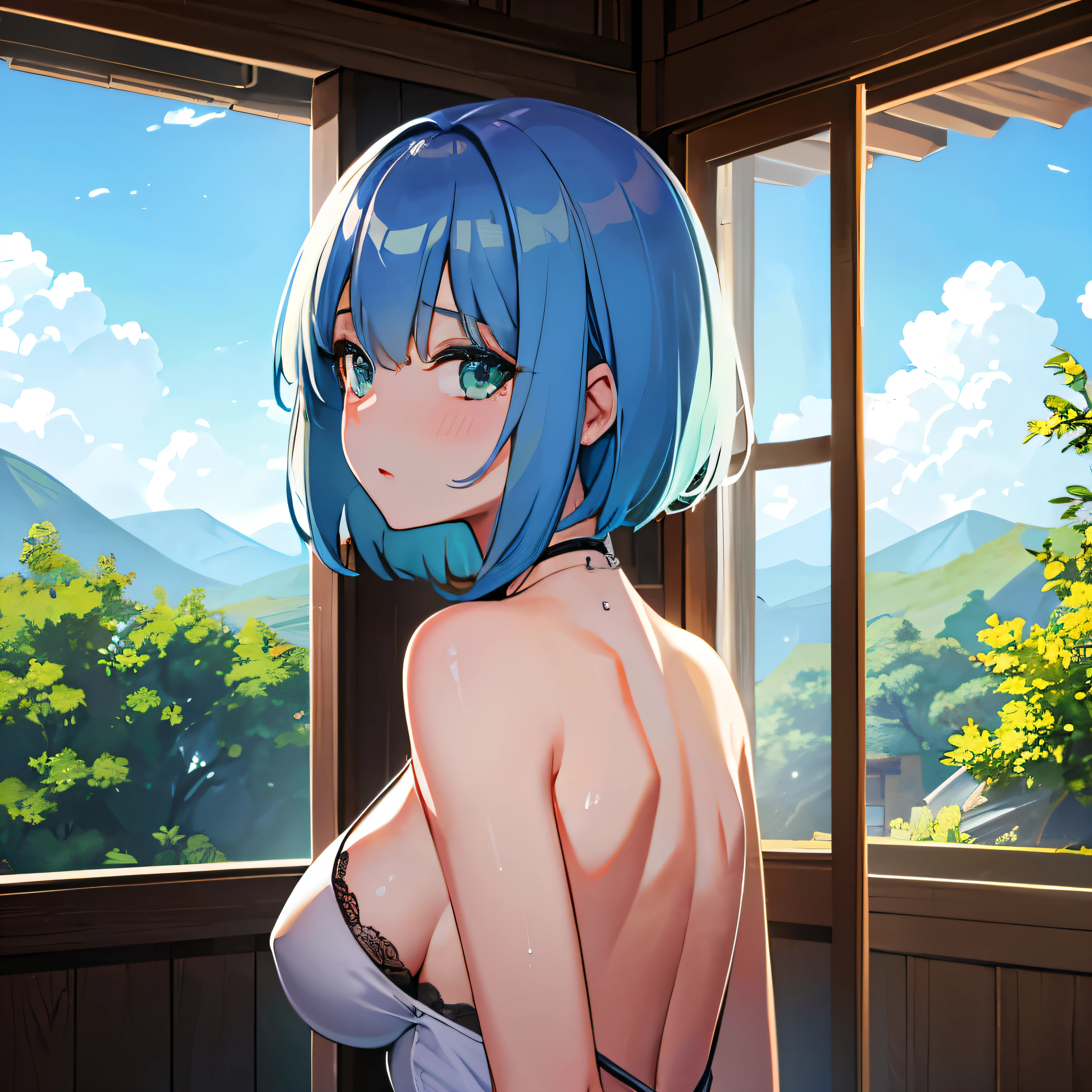 (Very detailed CG Unity 8k wallpaper)、(masterpiece)、(highest quality)、(Very detailed)、(Best illustrations)、(Best Shadow)、alone、One Girl、Green Eyes、Big Eyes、Big Breasts、whole body、Bold backless dress、noon、Clear skies、Lush green park、high resolution、whole body、Back view、Sweat、Bright hair color、short hair、Shiny skin、Shiny texture