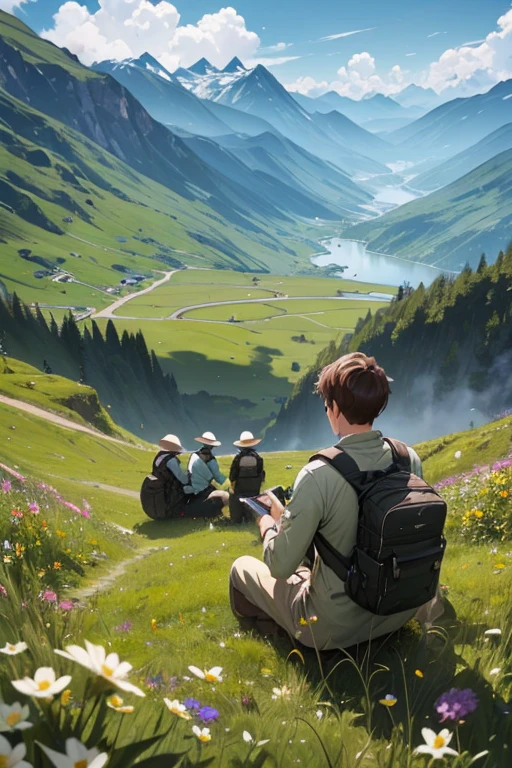 A top angle view of four men sitting on a field of flowers with rucksacks looking at the mountains ahead.. Highly detailed digital painting...highly detailed, 4K resolution, colorful