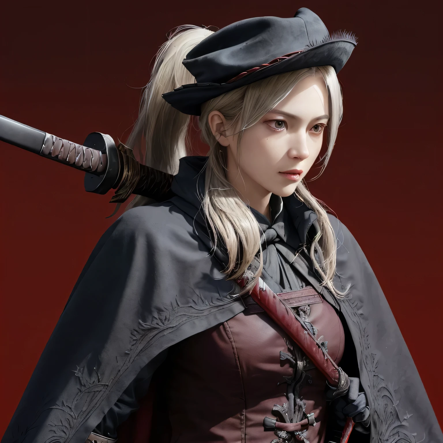 drawn in the artstyle of 1girl, medium_breasts, lady_maria_of_the_astra, rakuyo_\(bloodborne\), red dark smoke firebackground, realistic face, realistic skin, perfect face, perfect lighting, detailed skin, detail face, white_hair, blonde hair, upper body,magical blood mist flowing from sword,red long sword ,ponytail, boots, bloodborne outfit, katana, hat_feather, cape, holding_weapon, pistol holstered on hip, gothic, grey eyes,