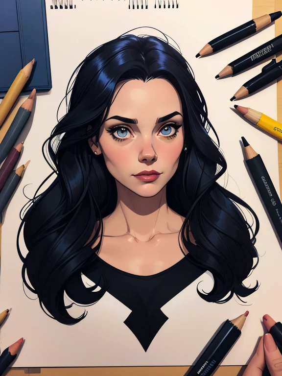 Personagem Christina Ricci cabelo preto estilo Morticia AddamsImagem de desenho animado de uma mulher .Ilustra??o estilo desenho animado, estilo de arte dos desenhos animados, estilo de arte dos desenhos animados, digital illustration style, design de personagens altamente detalhado, arte digital detalhada fofa, City fan art, Design de personagens de retrato, beautiful digital illustration, retrato de alta qualidade, Arte em quadrinhos, jovem expressando desejo sexual.