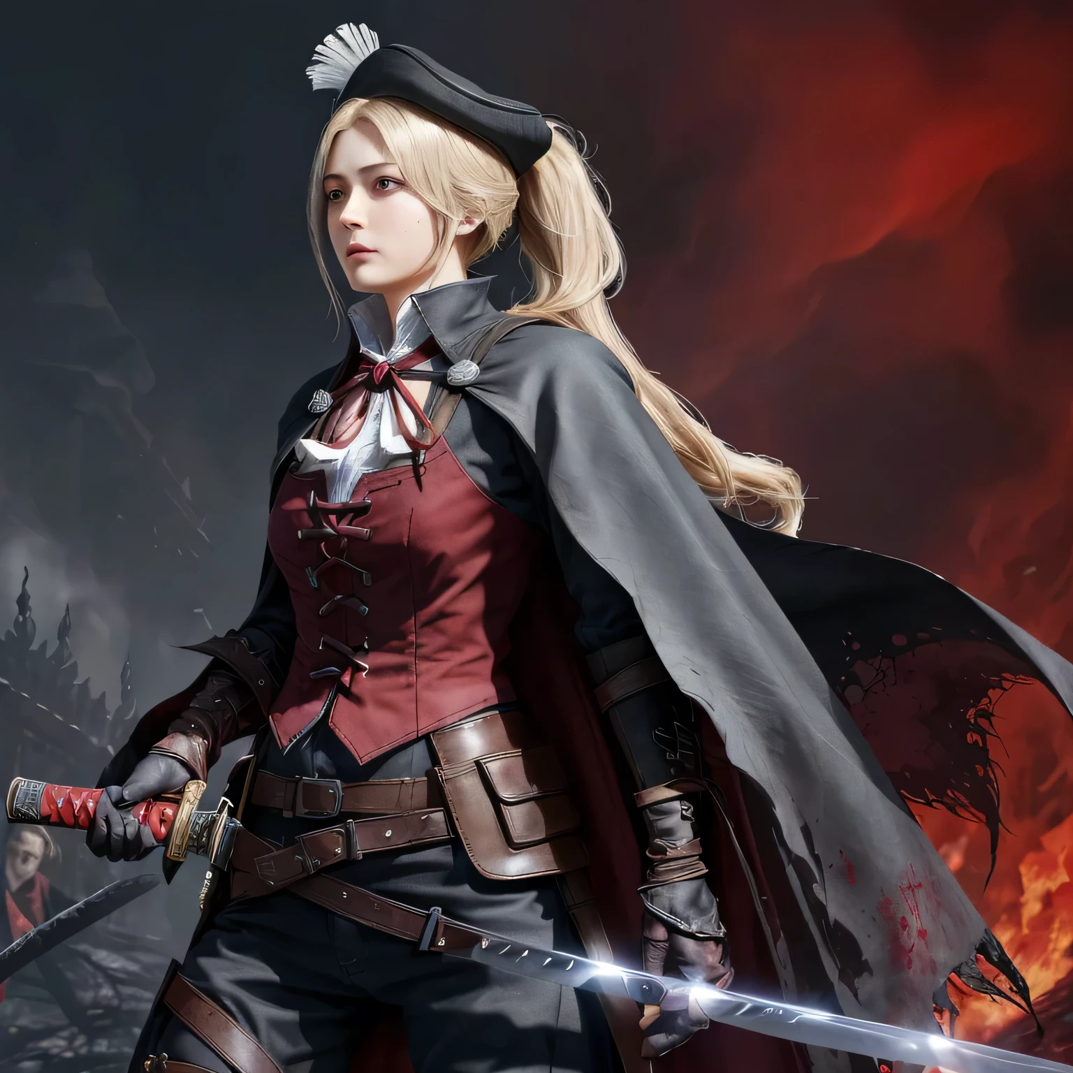 drawn in the artstyle of 1girl, medium_breasts, lady_maria_of_the_astra, rakuyo_\(bloodborne\), red dark smoke firebackground, realistic face, realistic skin, perfect face, perfect lighting, detailed skin, detail face, white_hair, blonde hair, upper body,magical blood mist flowing from sword,red long sword ,ponytail, boots, bloodborne outfit, katana, hat_feather, cape, holding_weapon, pistol holstered on hip, gothic, grey eyes,
