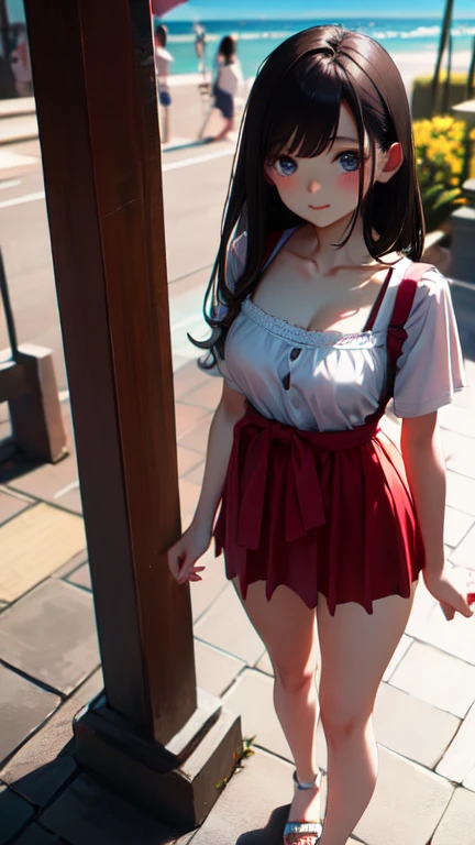 masterpiece, highest quality, One Girl, Thighs, beautiful girl, Flowers, たくさんの小さなflowerびら, flower、Small waist, RAWphotograph,Bright lighting、Face Light, Ultra-realistic, High resolution, photograph, Sharp focus, Highly detailed eyes and face,Accurate hands、Symmetrical face, whole body、Large Breasts、Long Hair、チラリと見えるThighs、Cleavage、Red flared skirt、White Sandals、White lace shirt、Early morning beach