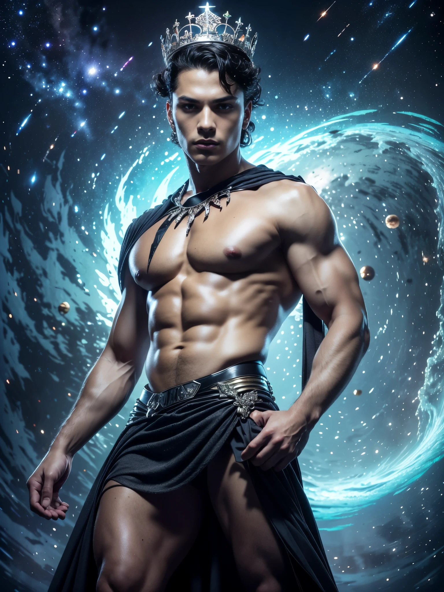 Photorealistic, twins, ((best quality)), ((masterpiece)), (detailed),masculine portrait of youngt futuristic prince, 18-year-old male models, handsome, tall, cute looking, evil look, dark look, powerful, young male, handsome model, clean shave, silver eyes. (short curly messy brown hair:1.2), messy curly hair, super strong, muscular, fit, massive muscles, six pack, shirtless, barechested, muscle, ripped, strong body, fit body, (dark evil masculine crown:1.4), futuristic small skirt, (futuristic draped cloth skirt), out space, galaxies, stars and planets in the background, (Dark background:1.6) constellations, galaxies, 8k, high detailed, ultra-detailed, Stylish Pose, real skin texture, dark cinematic lighting, outerspace, constellation, galaxies, stars in the background