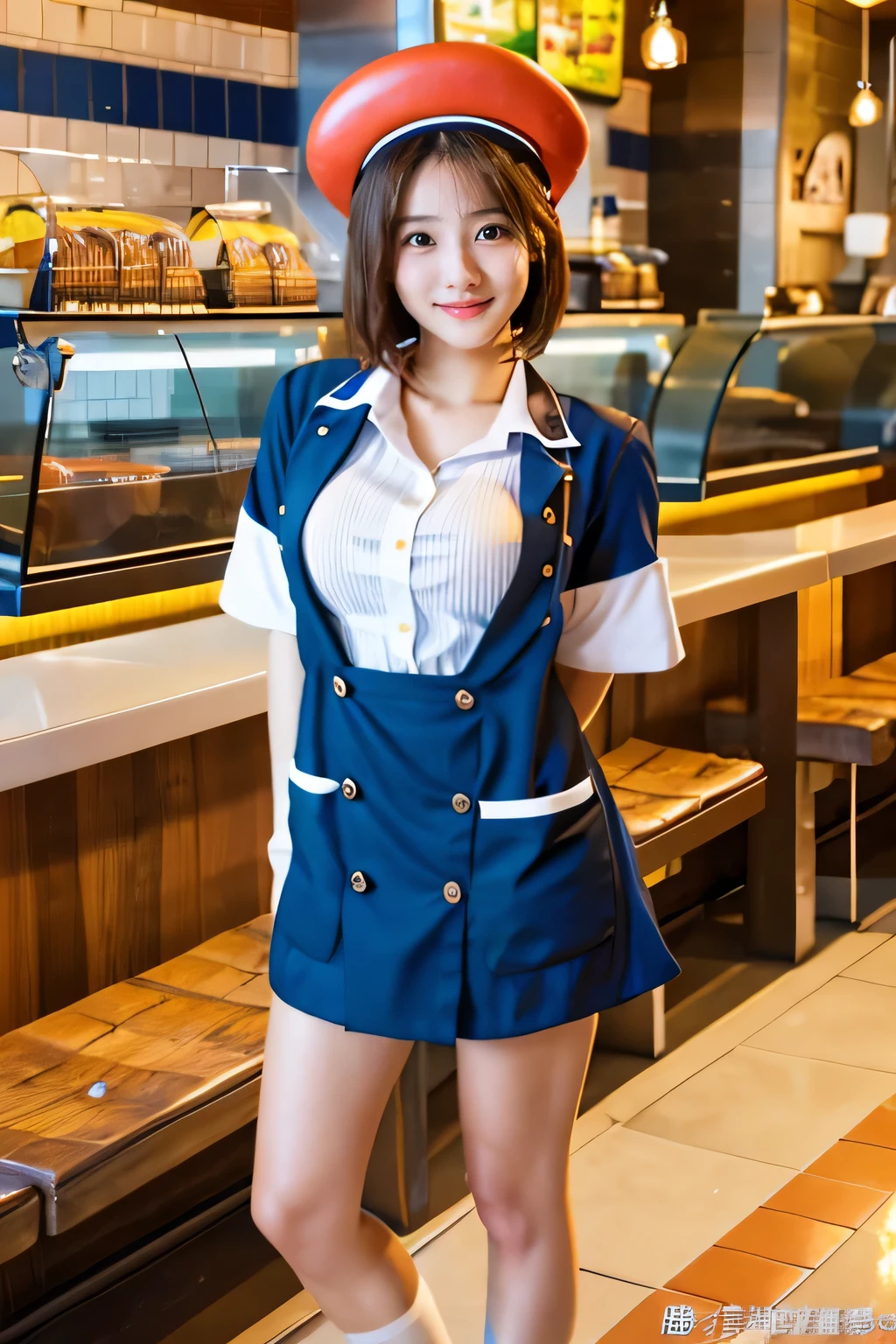 (Work in a burger shop:1.5)、(Hamburger shop uniform:1.5)、(Full-body photo:1.5)、highest quality, Photorealistic, Very detailed, finely, High resolution, 8K Wallpaper, Professional, High level of detail, ((One 18 year old girl:1.2)), Slender Japanese women,Pretty lips, (Beautiful long lashes:1.2)、Detailed clavicle, Perfect Face, (Cute short bob hair:1.5),Top Quality,Ultra-clear resolution,Clear Eyes,Sunburned skin,Perfect large breasts,have perfect legs,A kind smile