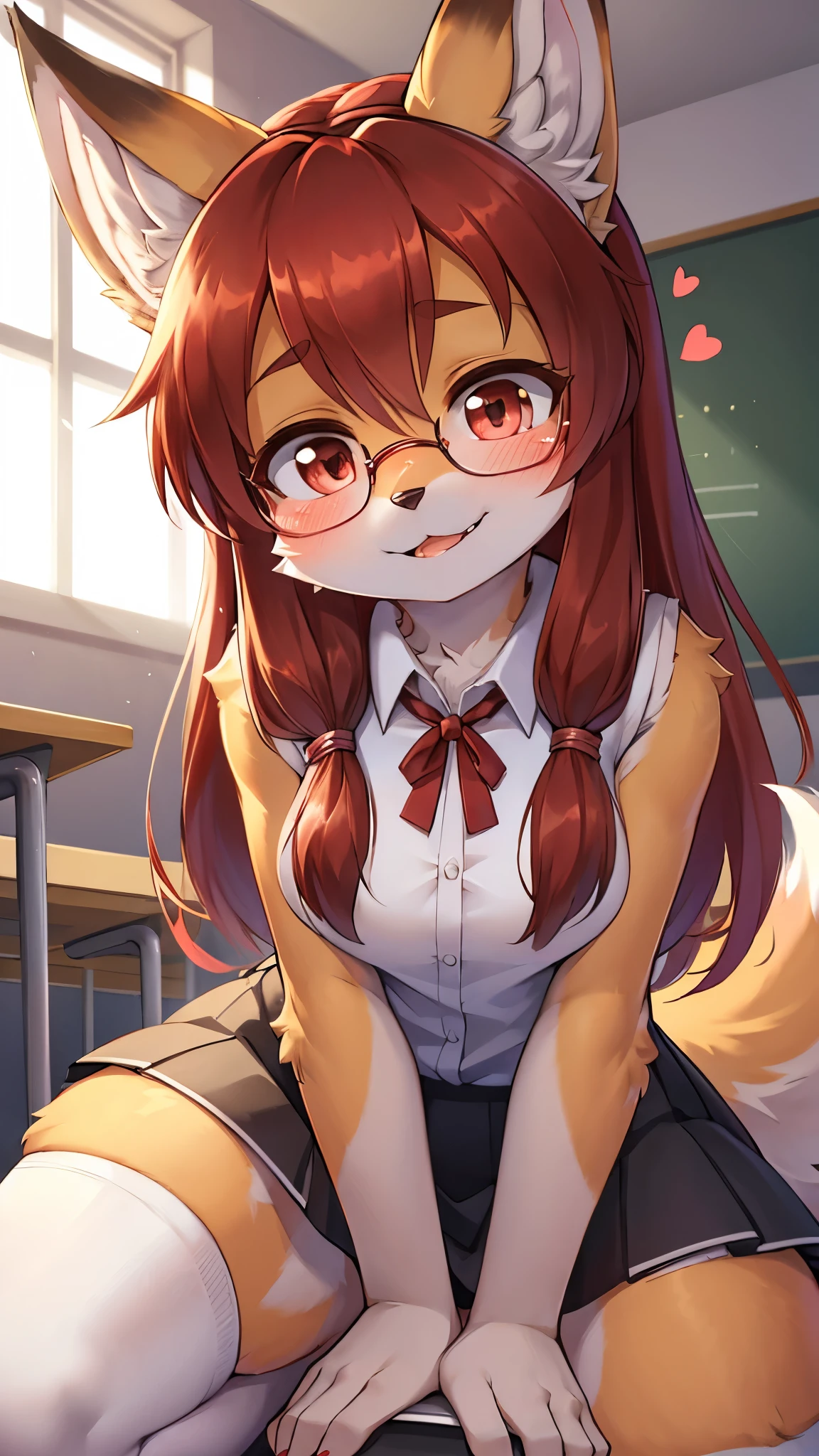 best quality,best resolution,(fluffy anthro furry :1.6),fox girl,red long hair,curvy hair,classroom,light and shadow,(white shirt),sleeveless,cross hairpin,black skirt,white stocking,glasses,ribbon hairpin,looking at viewer,horny face,horny eyes,very close eyes,full face blush,heart eyes,heart expression eyes,low angle,bend down