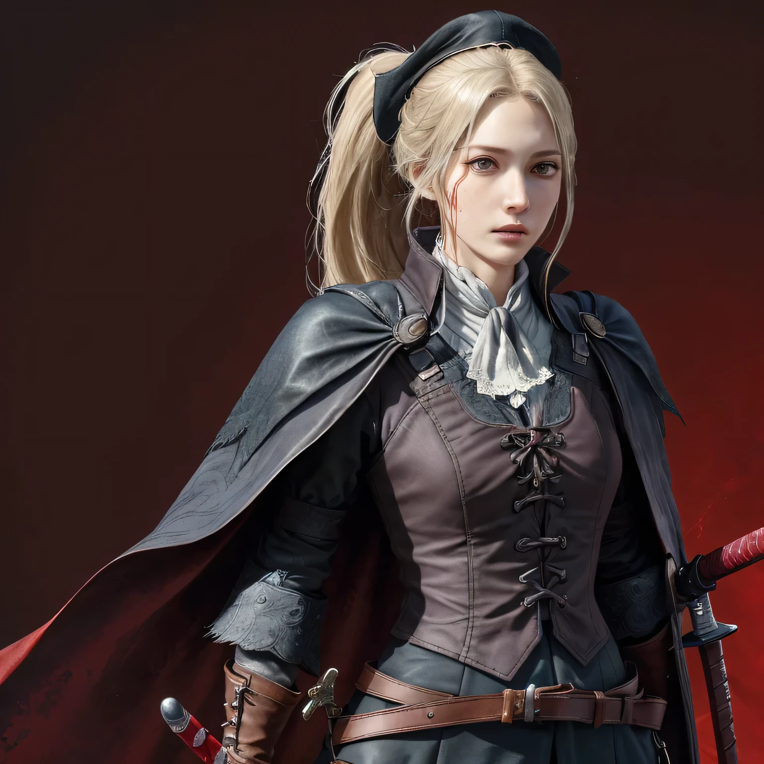 drawn in the artstyle of  1girl, medium_breasts, lady_maria_of_the_astra, rakuyo_\(bloodborne\), red dark smoke firebackground, realistic face, realistic skin, perfect face, perfect lighting, detailed skin, detail face, white_hair,  blonde hair, upper body,magical blood mist flowing from sword,red long sword ,ponytail, boots, bloodborne outfit, katana, hat_feather, cape, holding_weapon, pistol holstered on hip, gothic, grey eyes,