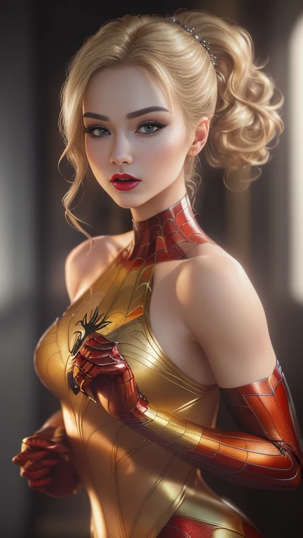 ((three-quarter body photo)), ((high ponytail)), (RAW, analogue, Nikon Z 14mm ultra wide angle lens, award-winning glamor photography, ((best quality)), (masterpiece), ((realistic)), skin pores, subsurface scattering, radiant light rays, high resolution, detailed facial features, high detail, sharp focus, soft, aesthetic, extremely detailed (extremely detailed eyes, extremely detailed iris), extremely detailed hair, extremely detailed skin, extremely detailed clothing, octane rendering, photorealistic, realistic, post-processing, maximum detail, realistic shadows, roughness, natural skin texture, real life, ultra-realistic, photorealism, photography, 8k UHD, photography, hdr, intricate, elegant, highly detailed, sharp focus, stunning, beautiful, magnificent, detailed and Beautiful and realistic 22 year old girl as Marvel's Spiderman, makeup, soft red painted lips, (blonde), Realistic Skin, Photorealistic, Realistic, Cinematic Shot (Extremely Detailed CG Unity 8k Wallpaper), Trending on ArtStation, Trending on CGSociety, High Detail, Sharp Focus, Blurred Background, Beautiful, Full Shot, High Quality, (Beautiful Face ), (detailed eyes), detailed hands, beautiful hands, good lighting, full body.