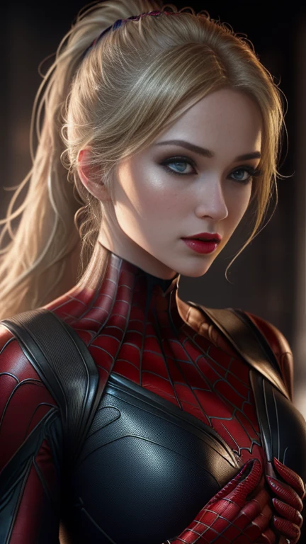 ((three-quarter body photo)), ((high ponytail)), (RAW, analogue, Nikon Z 14mm ultra wide angle lens, award-winning glamor photography, ((best quality)), (masterpiece), ((realistic)), skin pores, subsurface scattering, radiant light rays, high resolution, detailed facial features, high detail, sharp focus, soft, aesthetic, extremely detailed (extremely detailed eyes, extremely detailed iris), extremely detailed hair, extremely detailed skin, extremely detailed clothing, octane rendering, photorealistic, realistic, post-processing, maximum detail, realistic shadows, roughness, natural skin texture, real life, ultra-realistic, photorealism, photography, 8k UHD, photography, hdr, intricate, elegant, highly detailed, sharp focus, stunning, beautiful, magnificent, detailed and Beautiful and realistic 22 year old girl as Marvel's Spiderman, makeup, soft red painted lips, (blonde), Realistic Skin, Photorealistic, Realistic, Cinematic Shot (Extremely Detailed CG Unity 8k Wallpaper), Trending on ArtStation, Trending on CGSociety, High Detail, Sharp Focus, Blurred Background, Beautiful, Full Shot, High Quality, (Beautiful Face ), (detailed eyes), detailed hands, beautiful hands, good lighting, full body.