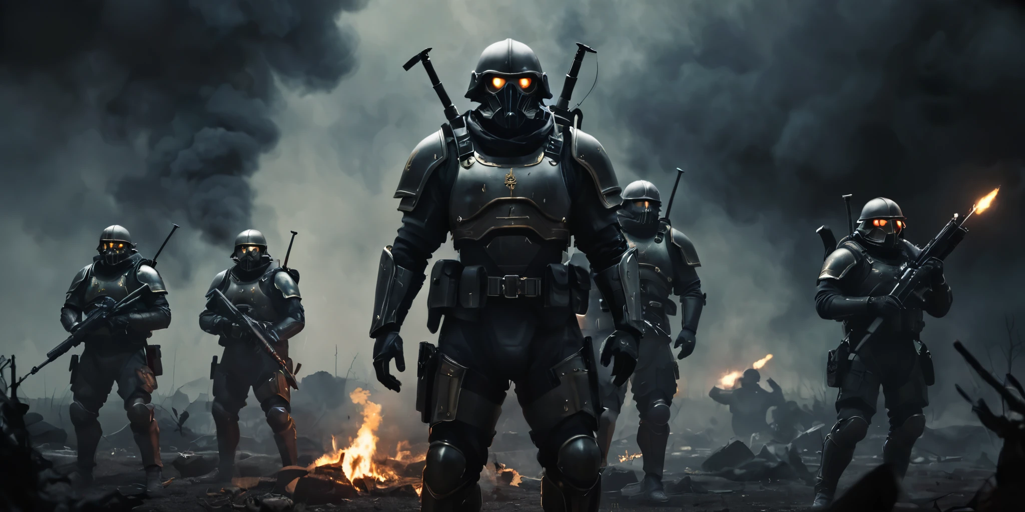 dark night scene, Treacherous base, Group of men in armor and weapons, smoke, Creepy glow. tension, Weapons prepared for an ambush that they knew were hidden within., Capture the intensity of the scene, Helldivers' Iron Eyes, and the terrifying beauty of the alien base.. It combines sci-fi military action with the lively dangers of a hostile world.. memorize, Focus on tactical prowess, The lurking threat of , Multiple enemy robots, The environment is breathtaking but deadly.. red laser light