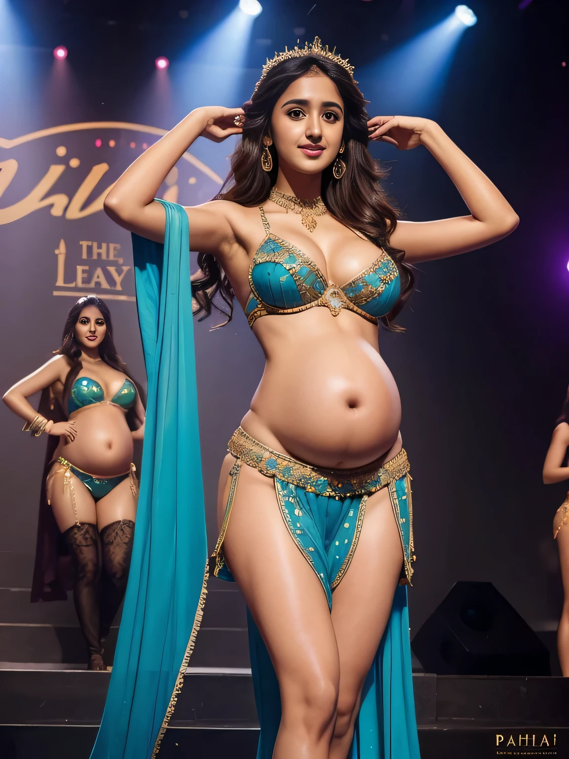 Best Quality, Masterpiece, High Resolution, 1girl, Disha Patani, on the stage, belly dancer, pregnant, chubbybig breast:1.3, breast out