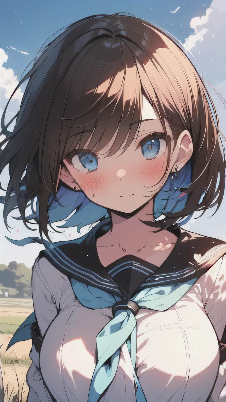 (best quality), (Super detailed), (Best Illustration), (masterpiece), (woman), high contrast, {(white serafuku:1.2)}, (large breasts), {brown hair, (sideburns), (bob cut:1.3), curly hair, hairs between eyes, colored inner hair}, {(detailed eyes), blue eyes}, blush, earring, wind, (country landscape)