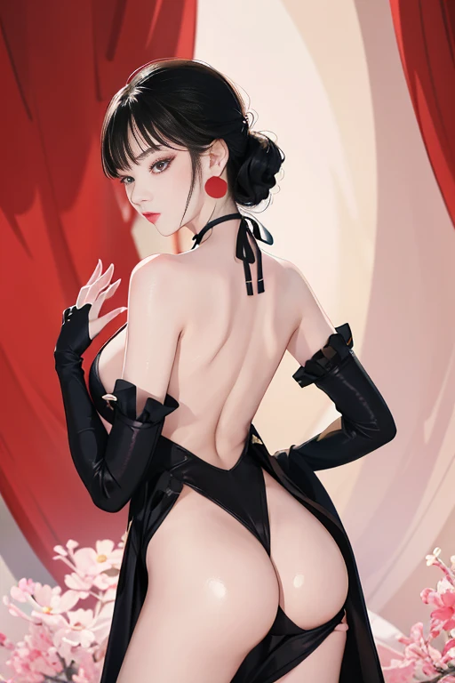 tsuruta ichiro, Narrow-eyed, 1girl in, Allback、deadpan、short-hair、shorth hair、brow、Reluctance、A dark-haired、Tucked Hair Solo, Cowgirl, Onepiece, ((mideum breasts)), Thin slit eyes、Black eyes, Light shines on the eyes、Black hair, gloves, Dress, Luxurious Jewelry, earrings, sharp eye、 elbow groves,Raise your hands and tie your hair back, random color, random color dress, Makeup for long eyes, Slender eyes、lip stick, Complex petal pattern, Rim Light, Back Light, pastel color,Studio Lighting