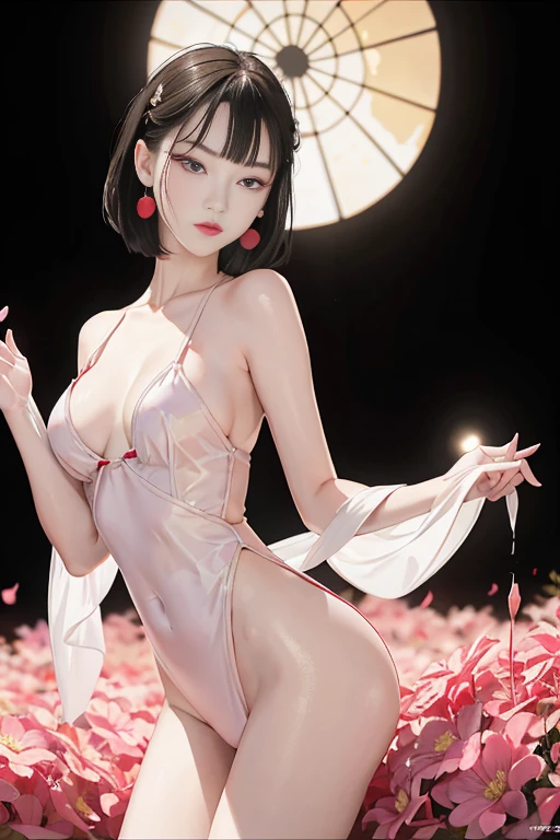 tsuruta ichiro, Narrow-eyed, 1girl in, Allback、deadpan、short-hair、shorth hair、brow、Reluctance、A dark-haired、Tucked Hair Solo, Cowgirl, Onepiece, ((mideum breasts)), Thin slit eyes、Black eyes, Light shines on the eyes、Black hair, gloves, Dress, Luxurious Jewelry, earrings, sharp eye、 elbow groves,Raise your hands and tie your hair back, random color, random color dress, Makeup for long eyes, Slender eyes、lip stick, Complex petal pattern, Rim Light, Back Light, pastel color,Studio Lighting