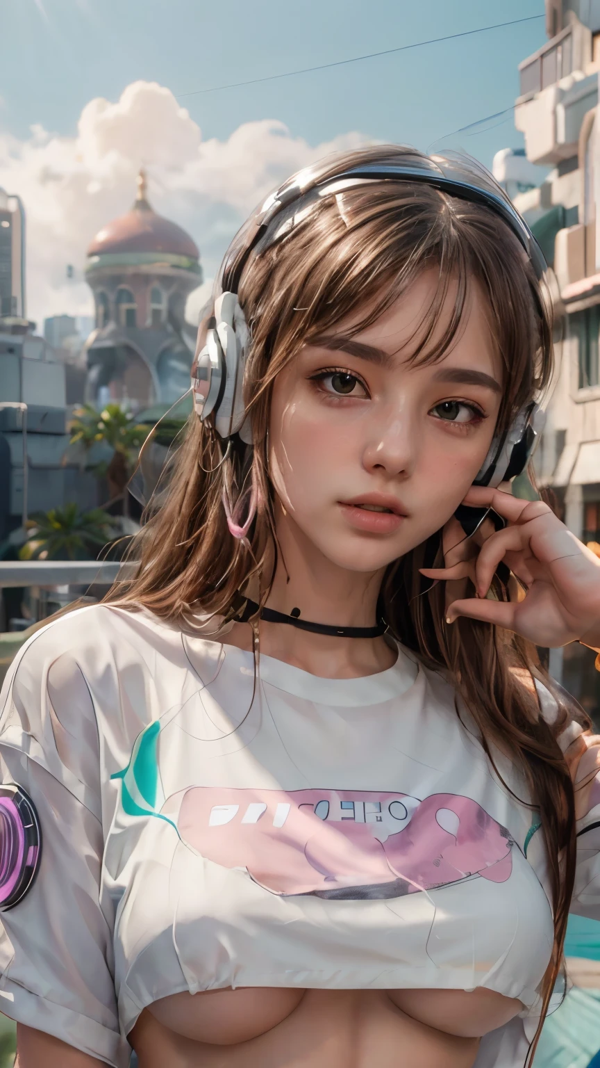masterpiece, highest quality, Super detailed, 8k, RAW Photos, Realistic, One girl, alone, Rim Light, Super detailed face, (Contrasting:1.1), Shoot from the front, (head shot:1.6), Upper Body, smile, Amazingly cute young Russian girl, Droopy eyes, Pale pink plump lips, Light brown straight medium length hair、With bangs, Light brown thin eyebrows, Oily skin, Wet Skin, Wearing an ivory and pink cyberpunk style bikini and jacket, Put on some high-tech headphones, Medium chest, Cyberpunk City Residential Area, thunderclouds in the sky, Midsummer