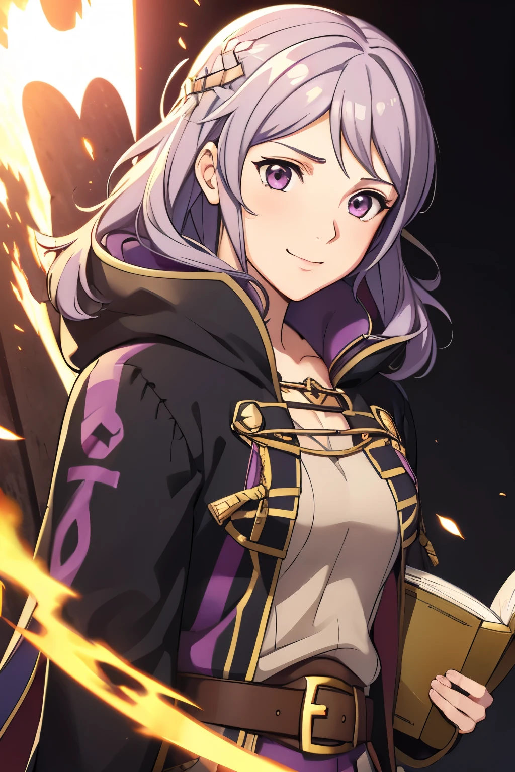 (high-quality, breathtaking),(expressive eyes, perfect face) 1girl, female, solo, portrait, Fire Emblem Awakening, Symmetrical Eyes, black background, Robin (Fire Emblem: Awakening), dark Brown hair color, short hair length, messy wavy hair, hair ornament, upper body, pink eyes, Black and purple cloak, gold trim, black shirt, brown belt, tomb, cute smile, detailed eyes, adorable face, short height, Grima, holding book, female robin (fire emblem)
