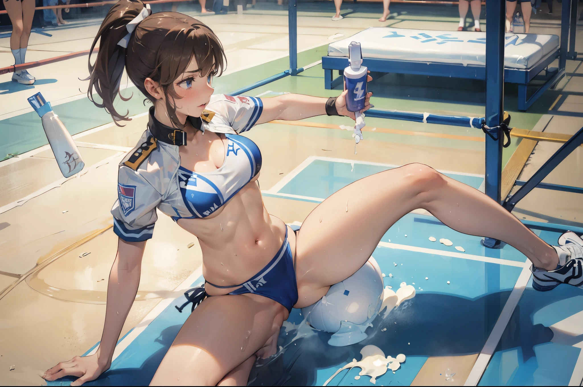 (super flat, flat shading), Honors Type, Really blushing, , (lotion Match:1.5), 2girls, (fighting:1.5), wearing white (high-cut bikini uniform:1.5), wedgie:1.5, cameltoe:1.7, sports shoes, ponytail brown hair, sweaty healthy body, sweaty soaking wet full body, bare legs, navel, ultra realistic, breeze, lotion wrestling ring in crowded public gymnastics,