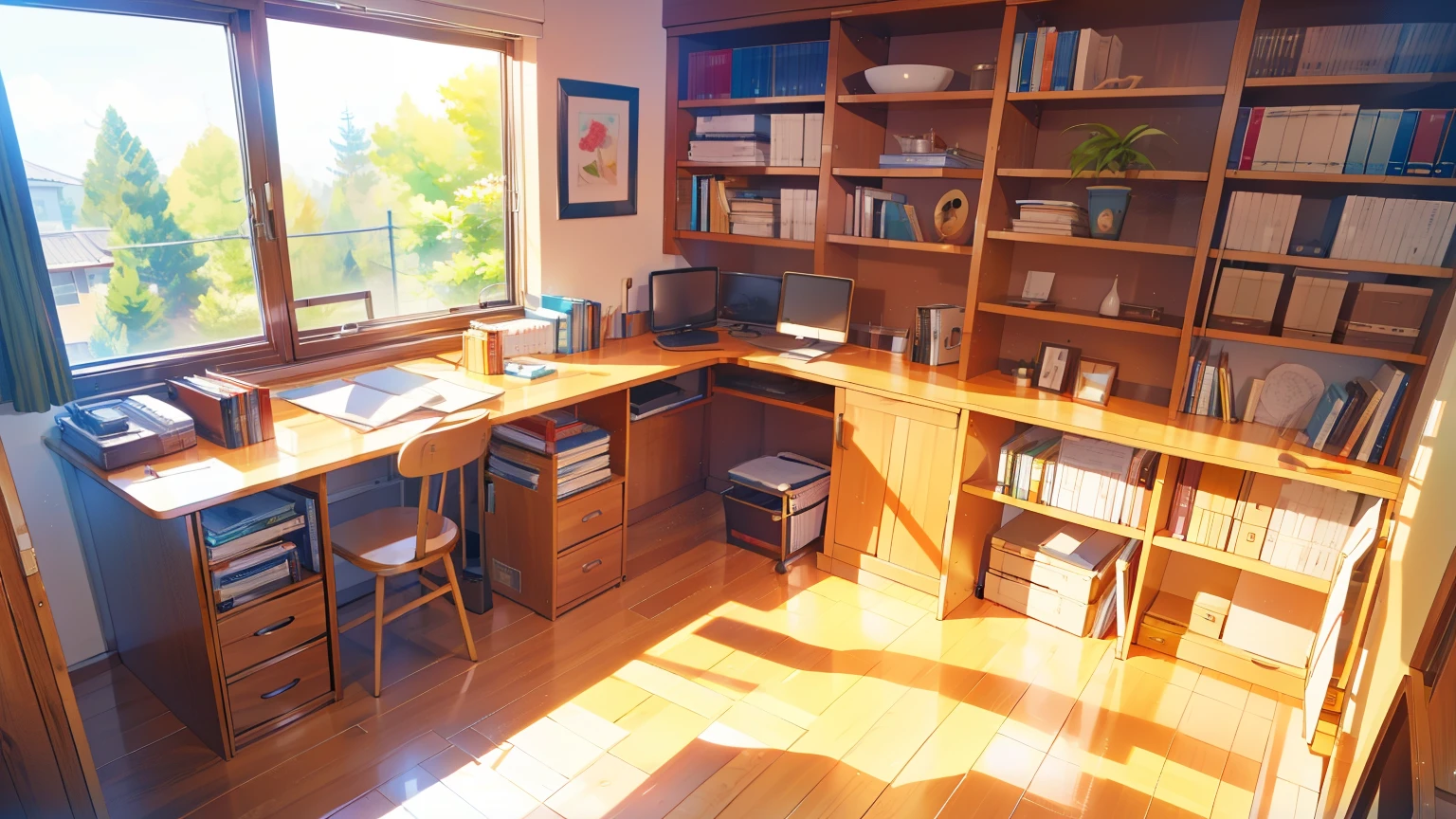 Study、The bookshelf is placed、one desk、One chair、Nobody is here