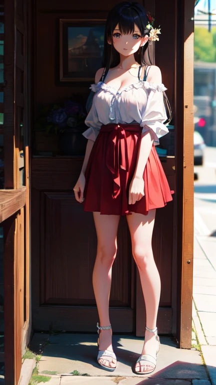 masterpiece, highest quality, One Girl, Thighs, beautiful girl, Flowers, たくさんの小さなflowerびら, flower、Small waist, RAWphotograph,Bright lighting、Face Light, Ultra-realistic, High resolution, photograph, Sharp focus, Highly detailed eyes and face,Accurate hands、Symmetrical face, whole body、Large Breasts、Long Hair、チラリと見えるThighs、Cleavage、Red flared skirt、White Sandals、White lace shirt、Early morning beach、Character portrait