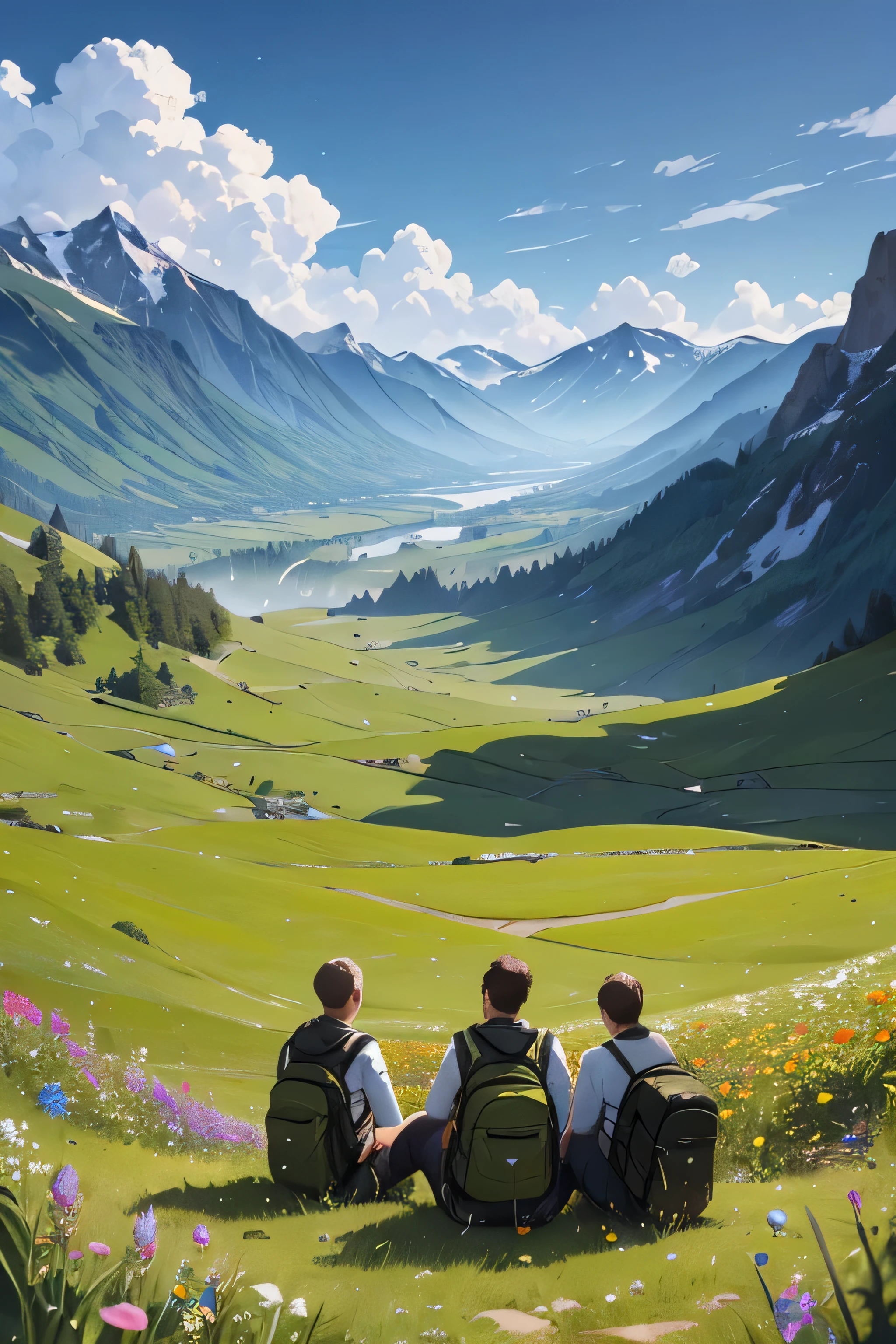 A top angle view of group of men sitting on a field of flowers with back packs looking at the mountains ahead.. Highly detailed digital painting...highly detailed, 4K resolution, colorful