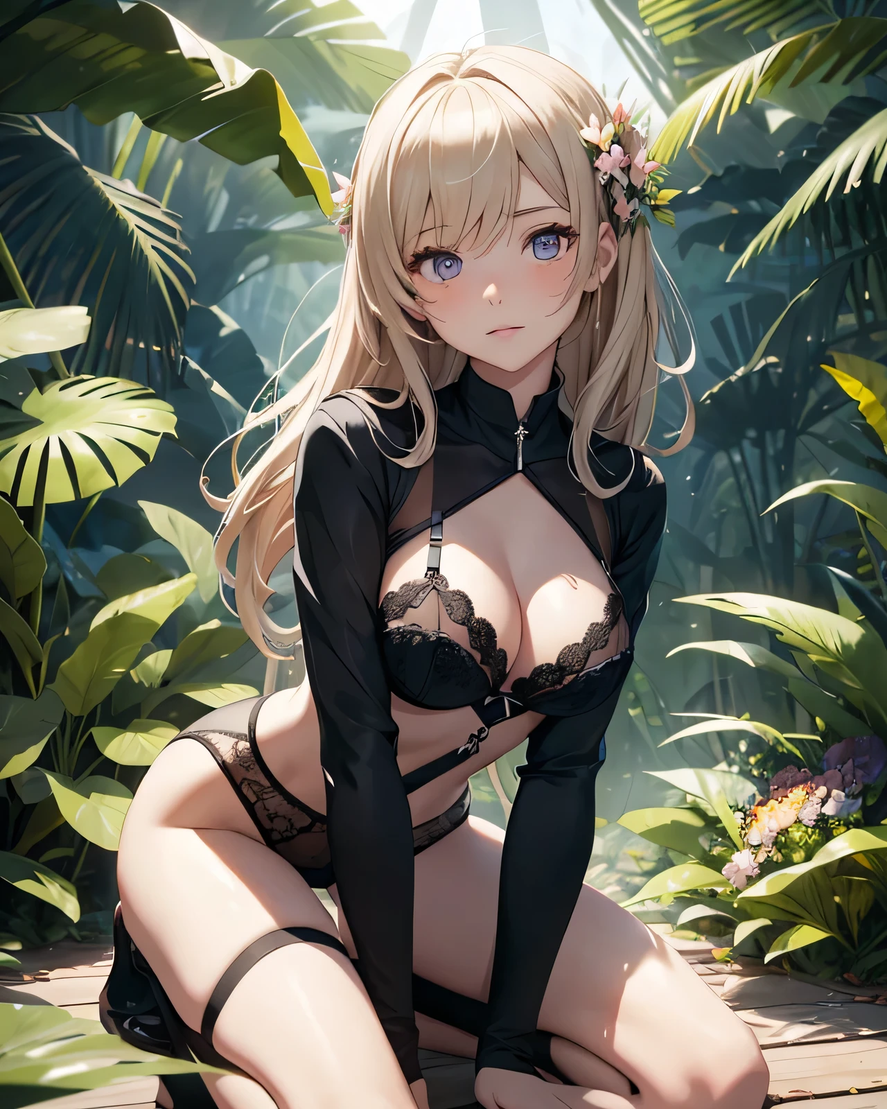 animated girl kneeling on a floor ,the girl is wearing lingerie with many colors, many big beautiful flowers arround the girl, many flowers on the girl, , frontline girls, the girl is in a big forest jungle with many beautifuls differents savages bigs flowers, , seductive animated girl, best rated on pixiv, Tendances sur ArtStation pixiv, Anya de la famille Spy X, female character'anime, du jeu vidéo Azur Lane, les gars, (animated girl), style voie d'Azur, lights effects, many colors, HD full details, high quality,