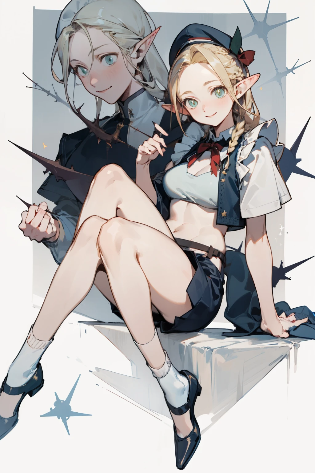 A bikini、Blonde girl wearing hat and silver accessories ,elegant, Pointed ears ,maid uniform,Waist-length hair,Smile,Star decoration,White lace socks,thorns,Rose,Vest line