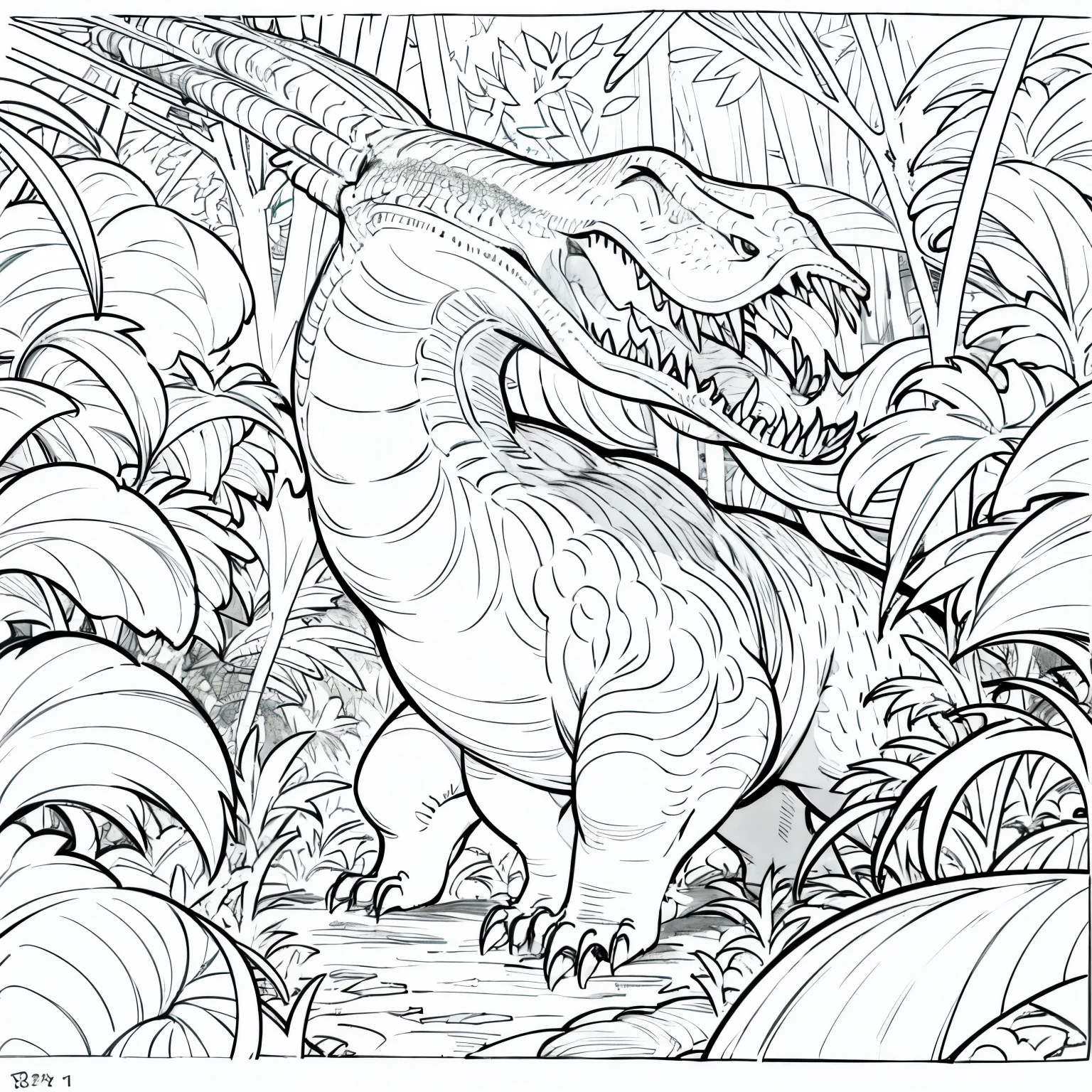 coloring page for kids, tyranosaurus rex in a jungle, cartoon style, thick lines, low detail, no shading, ar 9:115