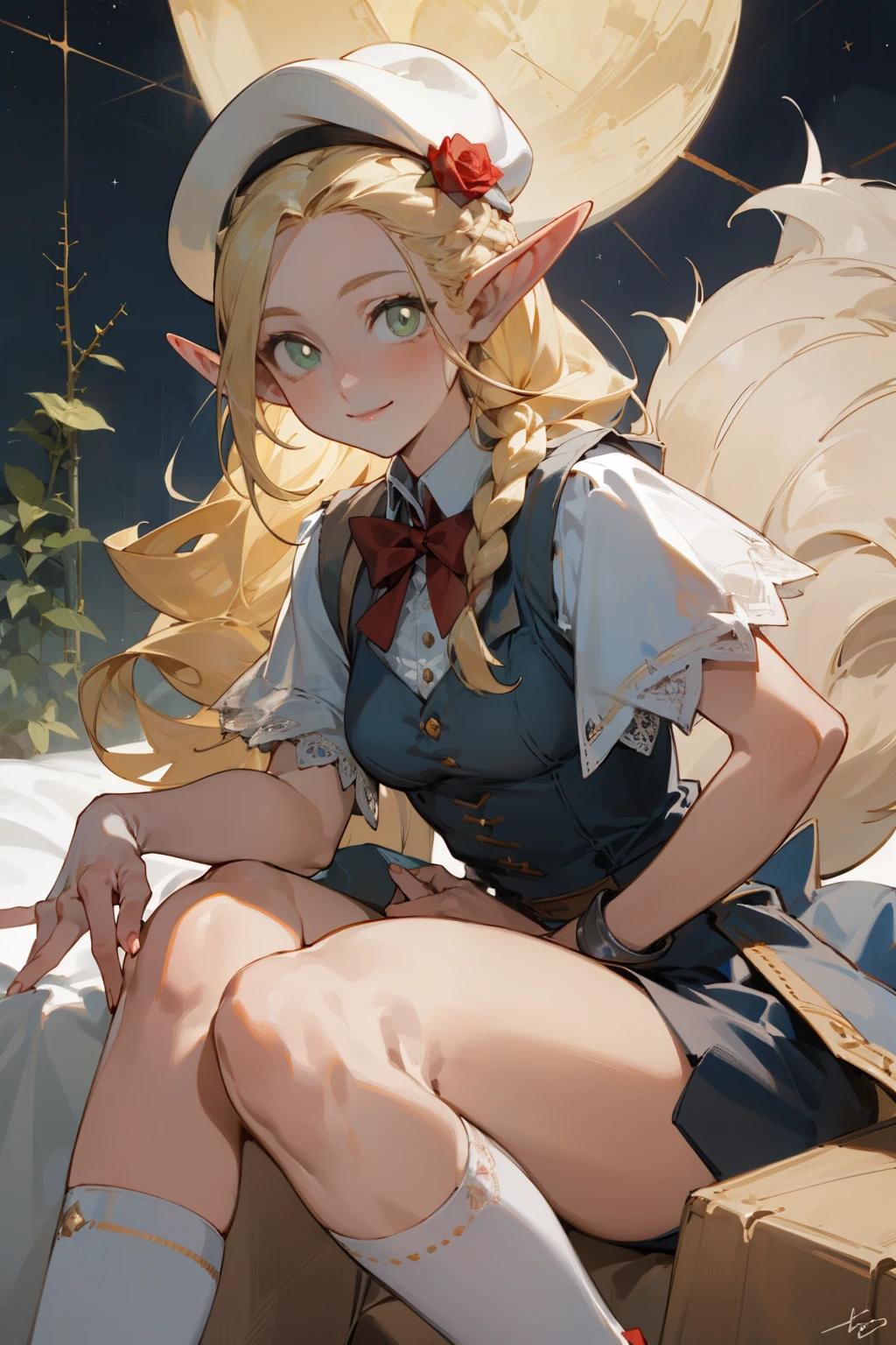 A girl wearing a hat,(masterpiece, best quality) detailed,silver accessories , Blonde ,elegant, Pointed ears ,Lace underwear,Double tail,Waist-length hair,Smile,Star decoration,White lace socks,thorns,Rose,Vest line