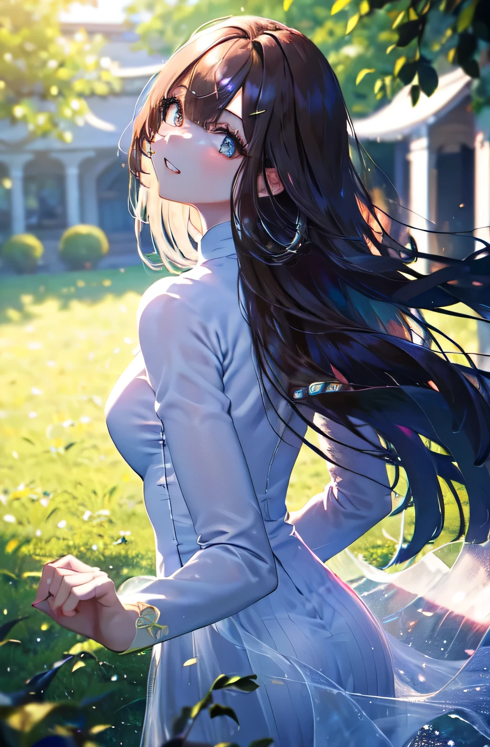 Transcendently Beautiful Girl, (masterpiece face, masterpiece eyes:1.5), BREAK, (long hair, hair over one eye, straight heavy hair, brown hair:1.3), BREAK, Flat_Chest, Huge_breasts, wide_lower back, grin, long eyelashes, makeup, BREAK, (Five Fingers, 4fingers and 1thumb), (plain white ao dai:1.5), side focus, standing, outdoor, daytime, garden, no wind, (from below, from behind:1.3), Masterpiece, best quality, captures a super cute moment, depth of field, ultra detailed, ultra high resolution, C4D, Octadale, 3D modeling, 8k, 16k,