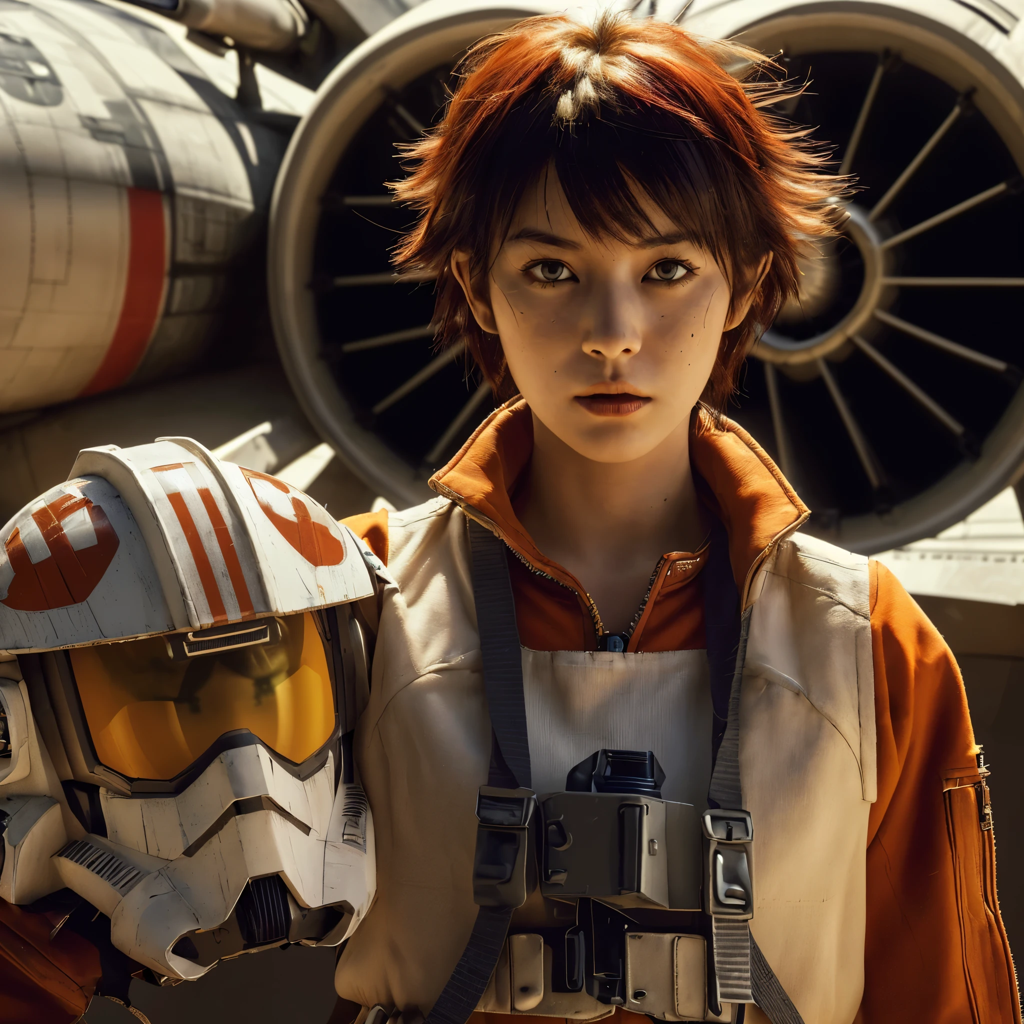 ((very sharp photo result & detailed face)) (((textile shading))), (((Best Quality))), (((masterpiece))), (((hyper realistic photo))) movie scene, cinematic feel, backlight dramatic shade photography, low angle full body a cool young japanese girl with short spiky red hair wear rustic starwars rebel pilot jumpsuit, white tanktop shown inside the opened zipper, cool posing hold an open face pilot orange visor helmet in wide dessert, in front of her X-wing jet fighter, UHD 8k
