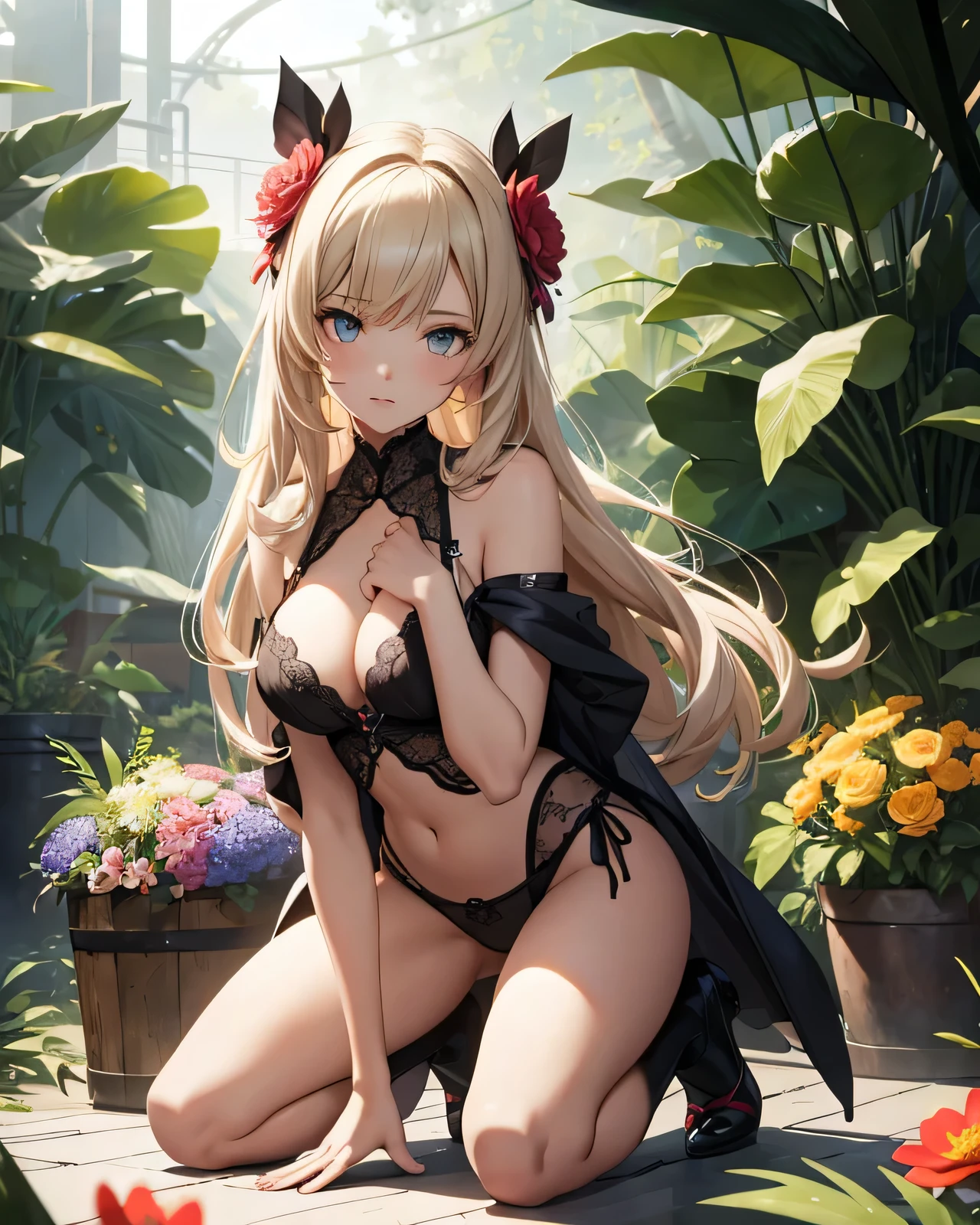 animated girl in colored lingerie kneeling on a floor, many big beautiful flowers arround the girl, many flowers on the girl, , frontline girls, the girl is in a beauttiful savage jungle with many beautifuls differents savages bigs flowers, , seductive animated girl, best rated on pixiv, Tendances sur ArtStation pixiv, Anya de la famille Spy X, female character'anime, du jeu vidéo Azur Lane, les gars, (animated girl), style voie d'Azur, lights effects, many colors, HD full details, high quality,