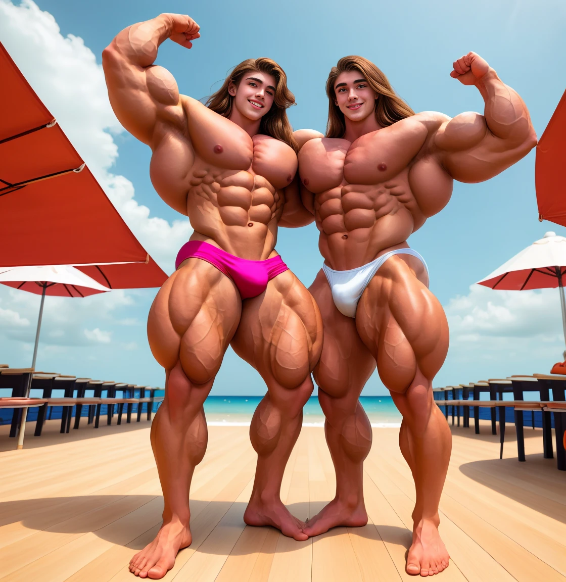 One boy, white skin, tall to the ceiling, bodybuilder, highschool freshman, spending time on a fancy beach club, dressed in tight pink speedos and shirtless, long hair, show abs, cute young face, great height difference. high detail face. show full height from the floor to the roof, 
