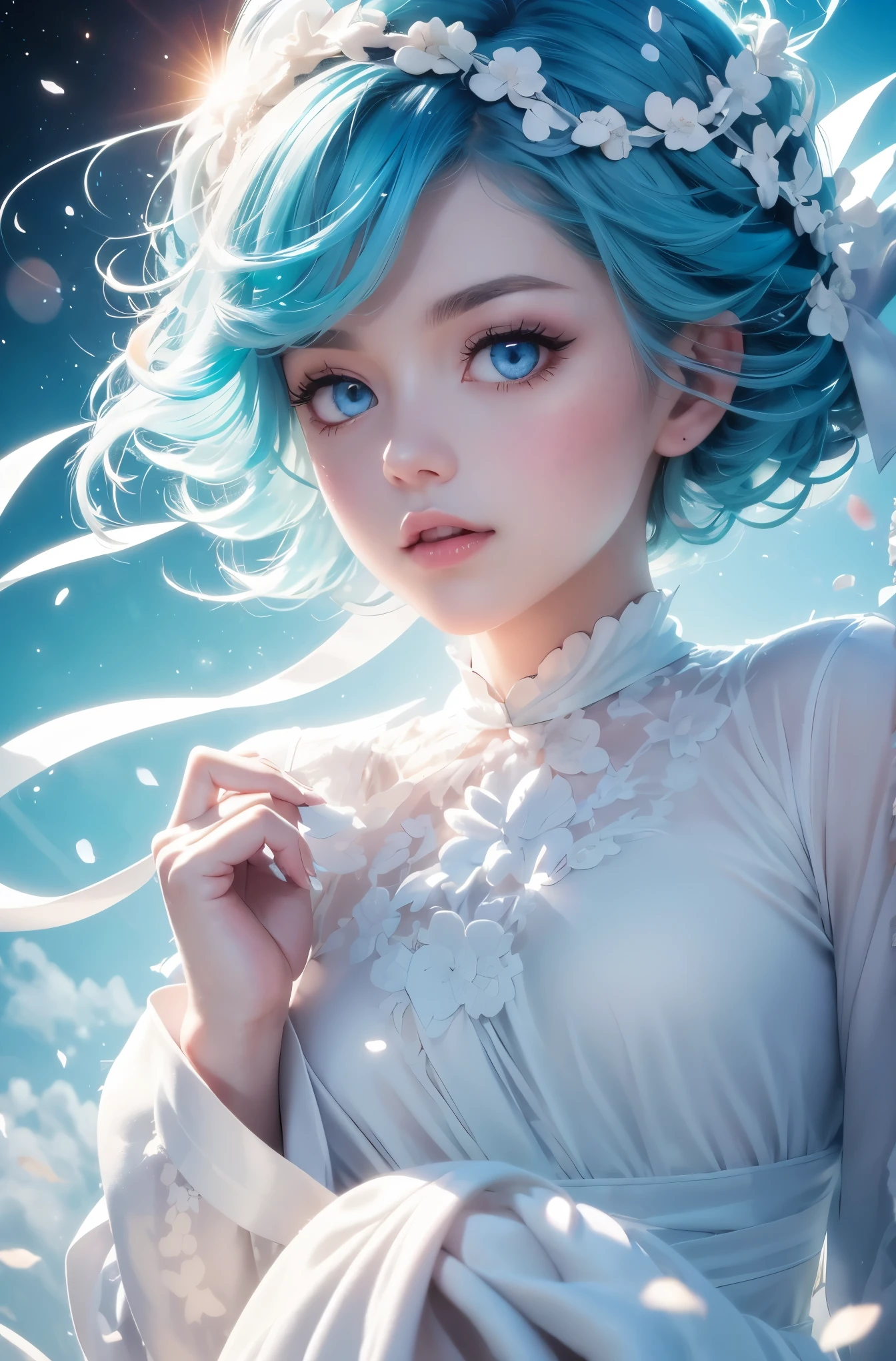 masterpiece, highest quality, Zoom out from space,morning, sun, Long powder blue hair, Powder Blue Eyes,Face Focus,woman, puppy, cute,Milky white ribbon wedding costume, Mysterious, highest quality, Beautiful graphics, Attention to detail,In the ring of the planet
