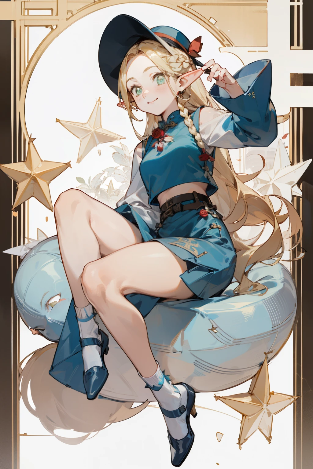 A bikini、Blonde girl wearing hat and silver accessories ,elegant, Pointed ears ，cheongsam，Waist-length hair，Smile，Star decoration，White lace socks，thorns，Rose，Vest line
